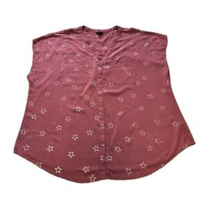 Torrid Women Plus Size 2 (2X) Pink Gold Stars V-neck Button Up Shirt Cap Sleeve